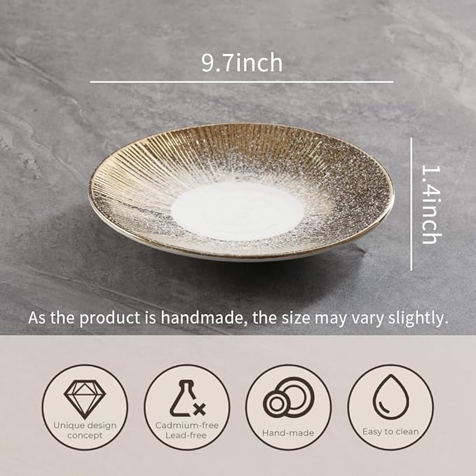 Akita Series 9.7-Inch Round Platter Set of 4, Gold Starburst Design with White Speckles, Food-Safe Porcelain for Entertaining & Holiday Gifting