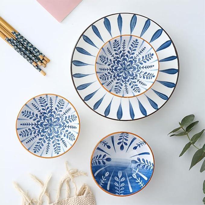 Ceramic Plates and Bowls Set, Japanese Style Dinnerware Set with Gift Box - Blue and White - 4 Rice Bowls and 2 Pasta Bowls - Kitchen Gifts for Women