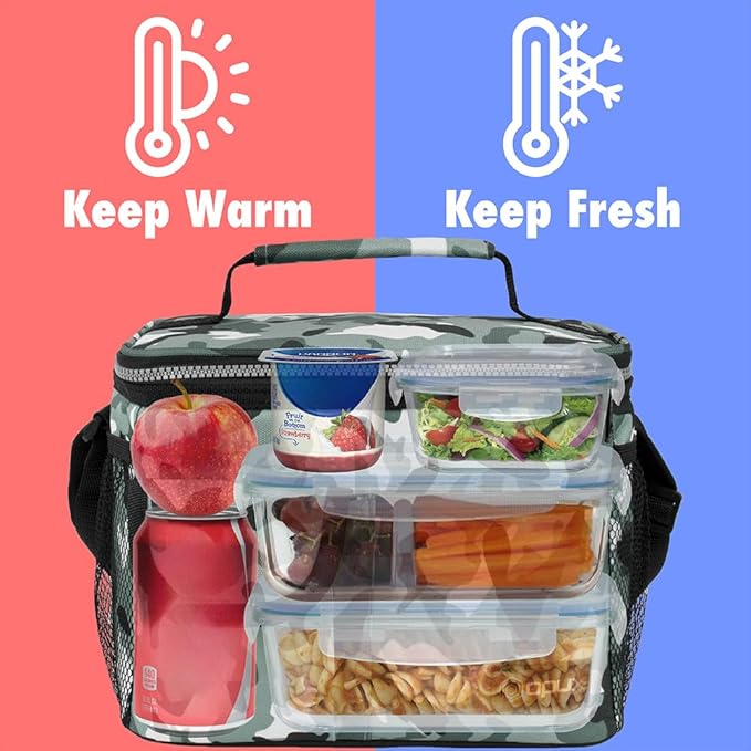 opux Insulated Lunch Box for Men Women Kids, Leakproof Reusable Lunch Bag Cooler for Work School Office, Soft Thermal Lunchbox Tote with Shoulder Strap for Boys Girls Adults, Camo Green, 14 Can/8L