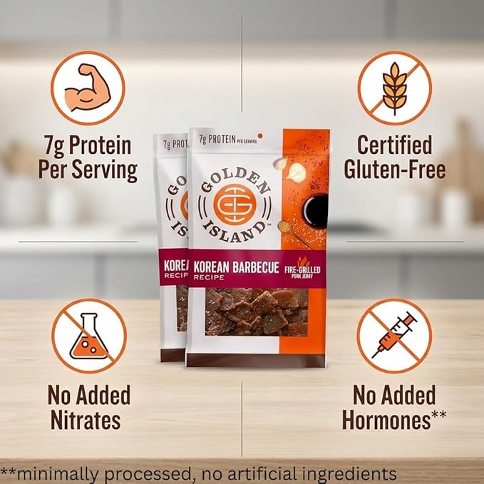 Golden Island Korean BBQ Pork Jerky - (2 Pack) 9 oz Resealable Bag - Fire-Grilled Specialty Meat Snack - Sweet & Savory Protein Snack - 7g Protein per Serving - Made with 100% All-Natural Pork