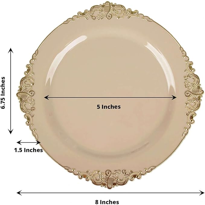 Efavormart 10 Pack | 8" Taupe and Gold Baroque Dessert Plates, Leaf Embossed Metallic Rim Heavy Duty Appetizer Plates for Boho Chic Gatherings