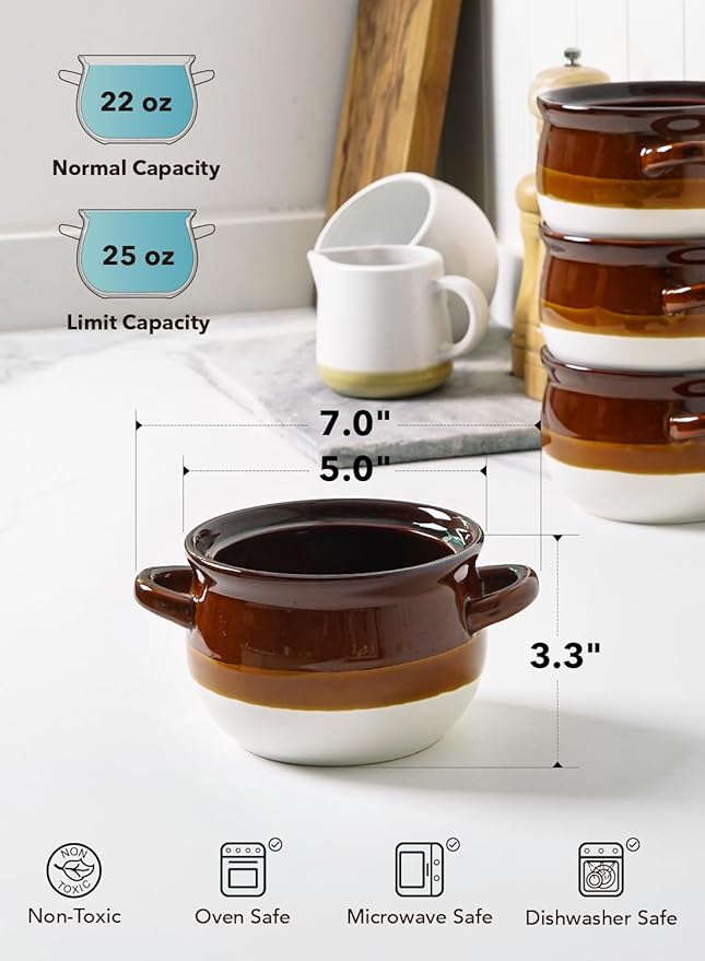 LE TAUCI French Onion Soup Bowls with Handles, 22 Ounce Ceramic French Onion Soup Crocks Oven Safe Serving Bowls for Soup, Chili, Beef Stew, Cereal, Pot Pies, Set of 4