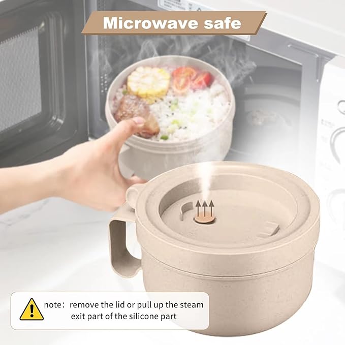 Rarapop 28.7oz Microwave Soup Bowl Containers with Lids, Wheat Straw Ramen Noodles Cup Mug for Instant Noodles,Oatmeal, Gumbo, Salad,Crunch,Cereal & More - Easy-Grip Design, Beige