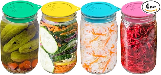 Sophico Silicone Fermenting Lids, Waterless Airlock Fermentation Tops Mason Jar Lid Fermenter Caps for Pickles, Kimchi, and Fermented Probiotic Food - 4 Pack, Wide Mouth (Jars Not Included)