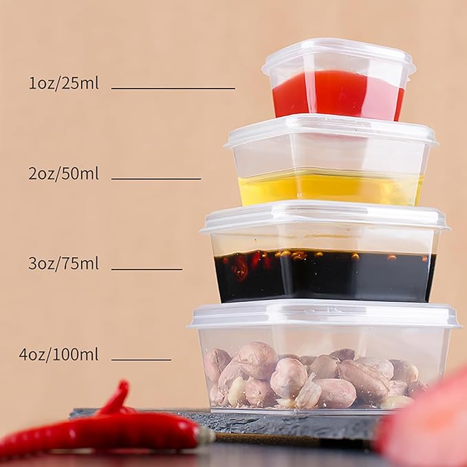 Square-shaped Disposable Sauce Cup Set - All-in-One Design with 4 Size Options, Convenient for Carrying and Use (3 oz.)