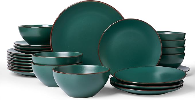 Famiware Venus Plates and Bowls Sets with Trim, 24 Pieces Speckled Stoneware Dinnerware Set for 8, Matte Dark Green - Microwave & Dishwasher Safe, Modern Minimalist, Dishes for Everyday & Formal Use