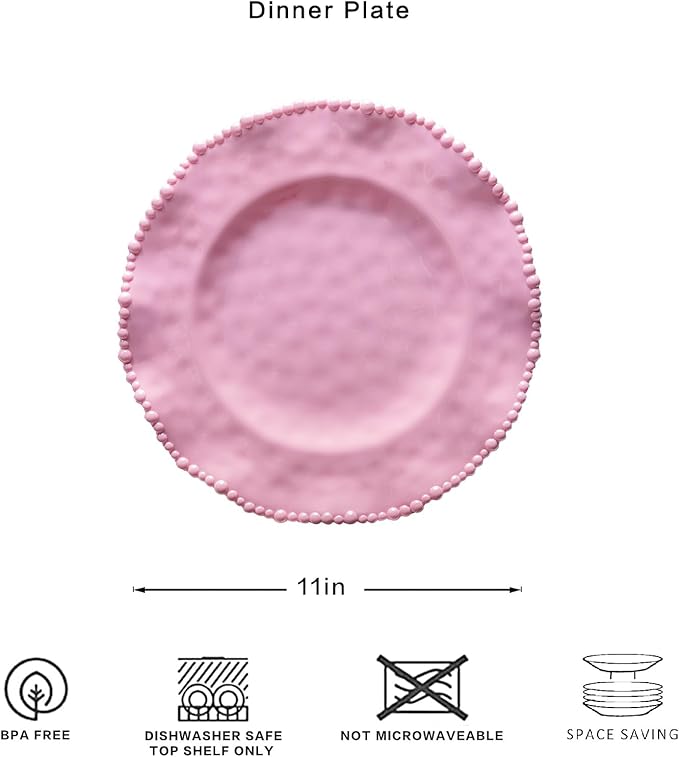 Pink Beaded Dinner Plates sets, 11 inch Unbreakable Melamine Plate Set of 6, Lightweight Dinnerware Plates, 6 Piece big Salad Plates Set, Chip Resistant Camping Dishes