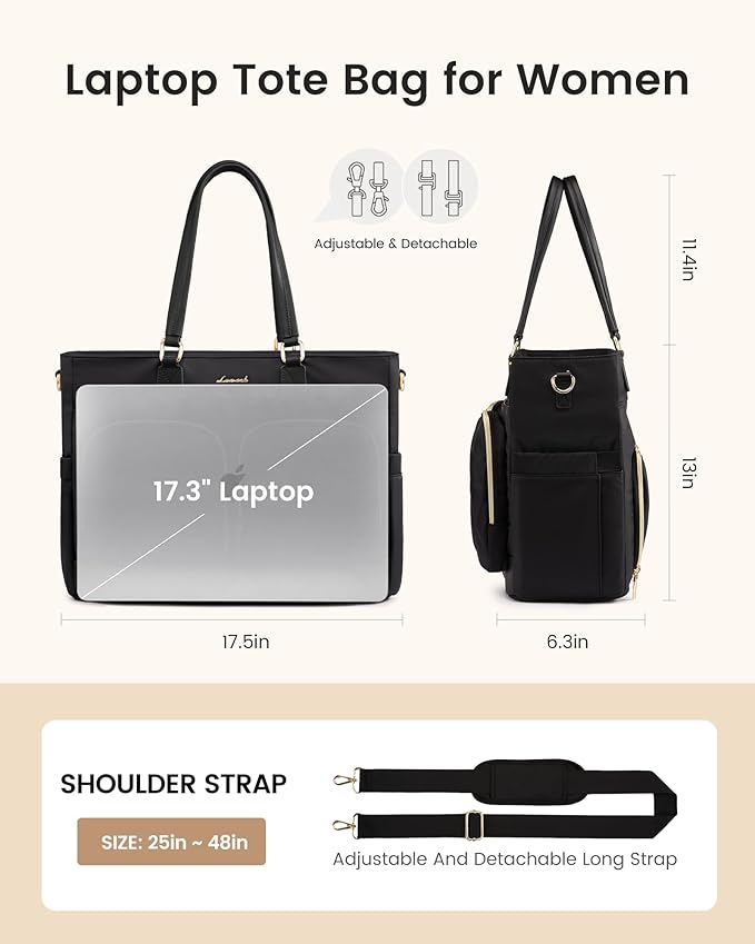 LOVEVOOK Lunch Tote Bag for Women, 17.3 Inch Laptop Tote with Insulated Lunch Compartment, Large Capacity Lunch Bag for Work, Business, Daily, Outdoors, Black