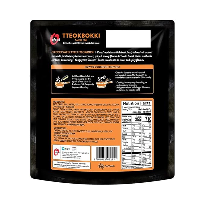 Tteokbokki Korean Rice Cakes – [Sweet Chili | Pack of 1] – Gluten Free | Ready in 3 Minutes | 0 Cholesterol/ 0 Trans Fat | 2 Servings Spicy Street Snack | Healthy/Savory/Spicy - O’food