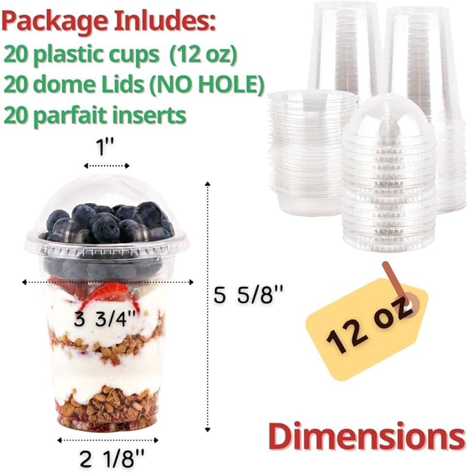 Aatriet 12 oz Clear Plastic Parfait Cups with Insert 3.25oz & Dome Lids No Hole - (20 Sets) Yogurt Fruit Parfait Cups, for Dips and Veggies, Take Away Breakfast and Snacks. No Leaking