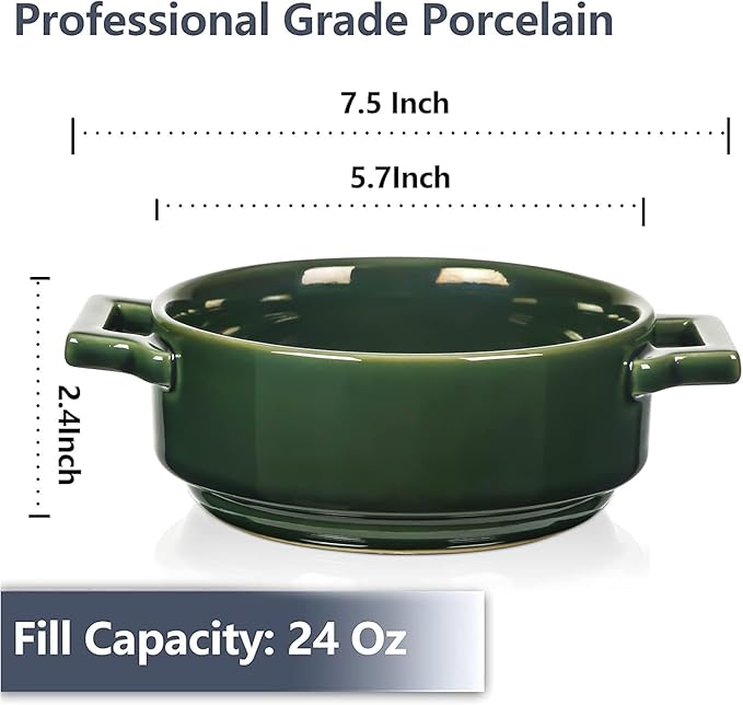 Vicrays Ceramic Soup Bowls with Handles, 24 Oz Porcelain Soup Crocks for French Onion Soup, Cereal, Beef Stew, Chill, Pasta, Pot Pies, Microwave and Oven Safe, Set of 4 (Green)