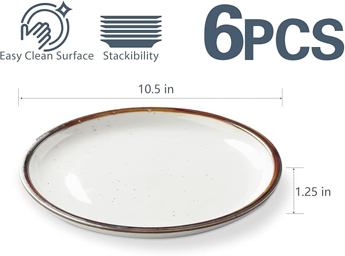 ONEMORE 10.5 Inch Ceramic Dinner Plate - Large Stoneware Dish Set of 6, Dessert Salad Plates, Microwave, Dishwasher and Oven Safe, Easy to Clean, Rustic and Speckled Style Dinnerware, Creamy White