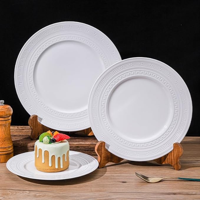 10 Inch Porcelain Dinner Plates Set of 4,Serving Dishes,White,Embossed,Heat Resistant,Scratch Resistant,Highly Glossy Glaze,Dishwasher safe,Microwave safe (Wade 10'')