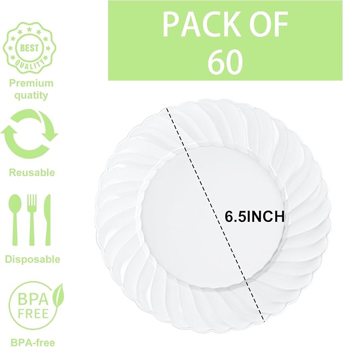 U-QE 60 Pieces White-Plastic-Plates for Party - White Disposable Plates 6 Inch - Salad/Dessert Plates Disposable Heavy Duty for Birthdays, Celebrations, Wedding and Events