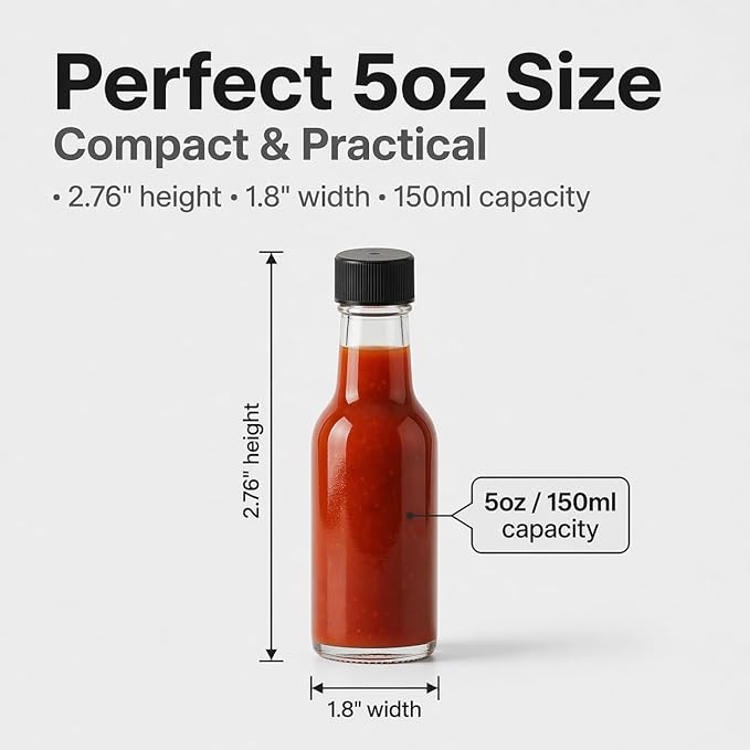 WERTIOO Hot Sauce Bottles, 12-Pack 5oz Glass Hot Sauce Containers with Caps & Funnel - Small Refillable Bottles for Homemade Oil, Vinegar - Great for Kitchen Use, Gifting, Sample Packaging