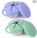 2 Pack Stainless Steel Spill Proof Snack Cup for Baby Toddlers Kids, with Silicone Food Catcher, Travel Lid, Spill-Proof Bowl Containers, Toddlers Essentials, Non Toxic BPA Free