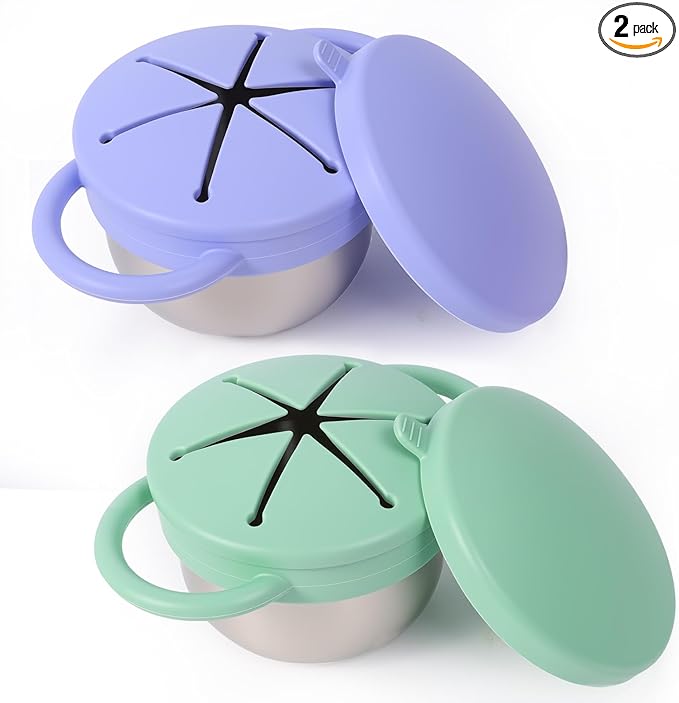 2 Pack Stainless Steel Spill Proof Snack Cup for Baby Toddlers Kids, with Silicone Food Catcher, Travel Lid, Spill-Proof Bowl Containers, Toddlers Essentials, Non Toxic BPA Free