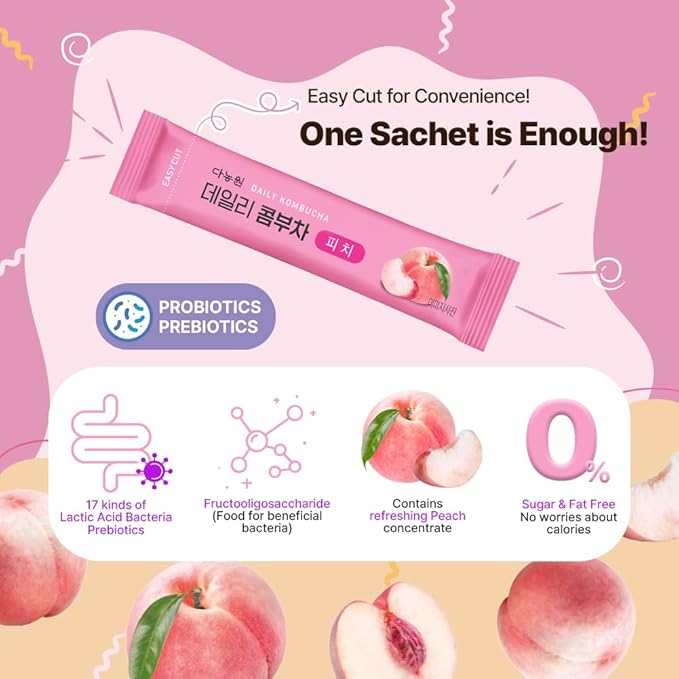 KAYFOOD-Kombucha-Peach-Garden-Daily Zero Sugar, Diet, Gut Healthy Sparkling Beverage, Fermented Korean Drinks for Iced, Hot, Workout Tea (10ST)