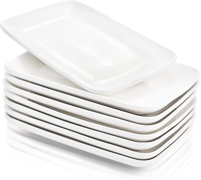 Foraineam 8 Pieces Rectangular Plates 8 Inch Porcelain Platters, Dessert, Appetizer, Salad Plates White Serving Trays