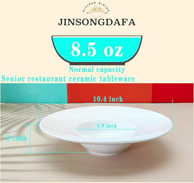 Ceramics Rimmed Soup Bowls 8.5 oz, White 10.4 inch Exquisite small soup plate Set of 4, Pasta plates With Rim is the best choice for hotels, kitchens, fine restaurants and gourmets