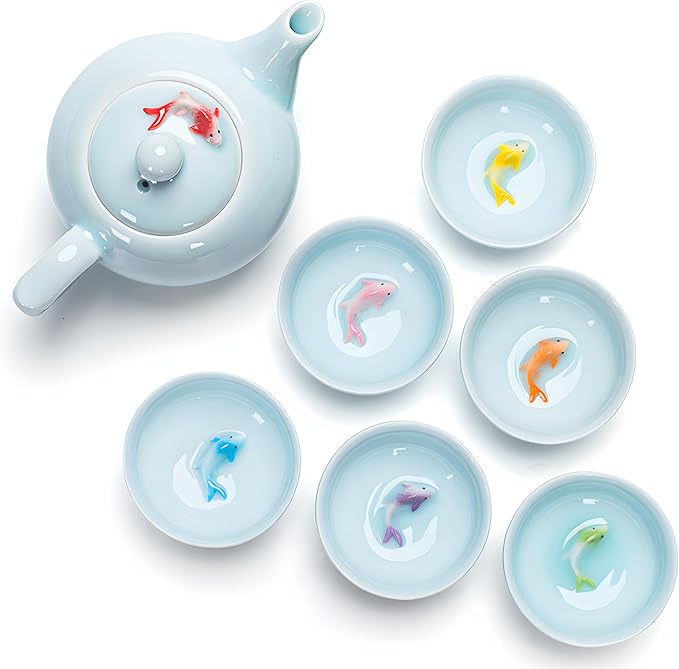 Yixing Handmade Celadon Colorful Koi Fish Teapot,Chinese Gongfu Tea Set,Japanese Teapot, Korean Soju Shot Glasses Set