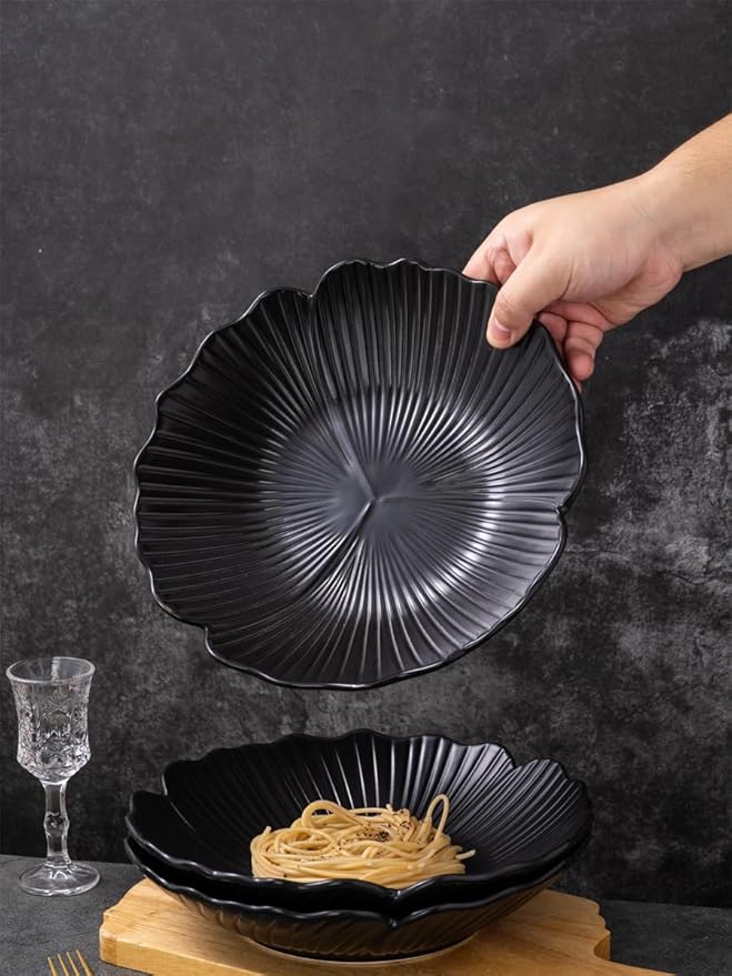 CLAY TONIC Set of 3-10 Inch Japanese Style Flower Petal Shaped Porcelain Round Dinner Plates/bowl, Versatile Circular Serving Plates for Pasta, Salad, Steak Dinner (Black, 10 Inches)