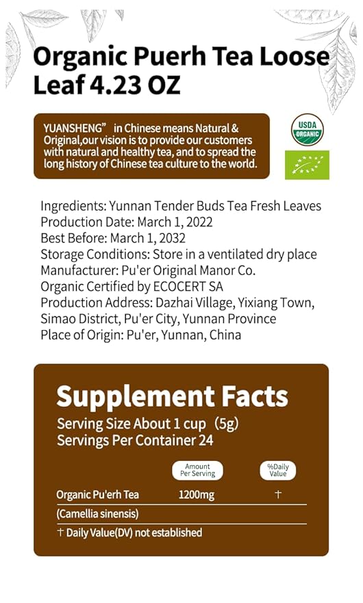 YUANSHENG Pu erh Tea Organic Loose Leaf, Chinese Yunnan Aged Fermented tea, Rich Antioxidants, USDA Organic Ripe Puerh tea, Deep Earthy Flavor, Digestive Health & Wellness tea, 4.23 Oz