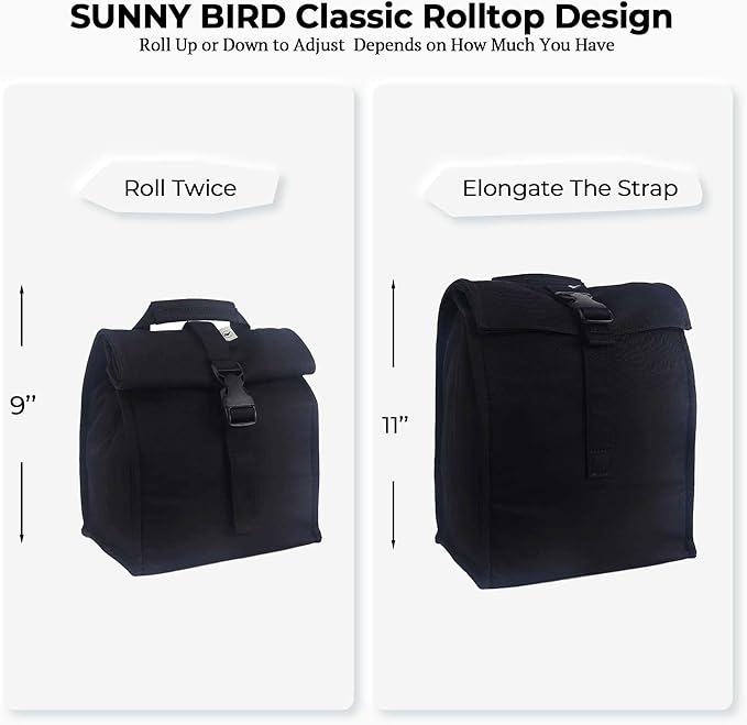 SUNNY BIRD Insulated Lunch Bag Rolltop Lunch Box for Women, Men, Adults and Teens (Black)