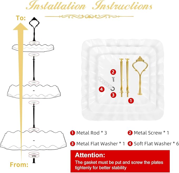 DAFURIET Dessert Cupcake Stand, 3 Tier Cup Cake Holder Tower for Tea Party/Birthday/Wedding, Plastic Tiered Serving Tray with Metal Rod, White