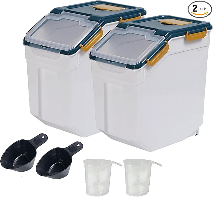 Large Flour Storage Container Bin 25Lb, 2Pack Airtight Rice Storage Containers with Wheels Seal Locking Lid, BPA Free with Measuring Cup&Scoop for Flour, Rice, Grain(Blue)