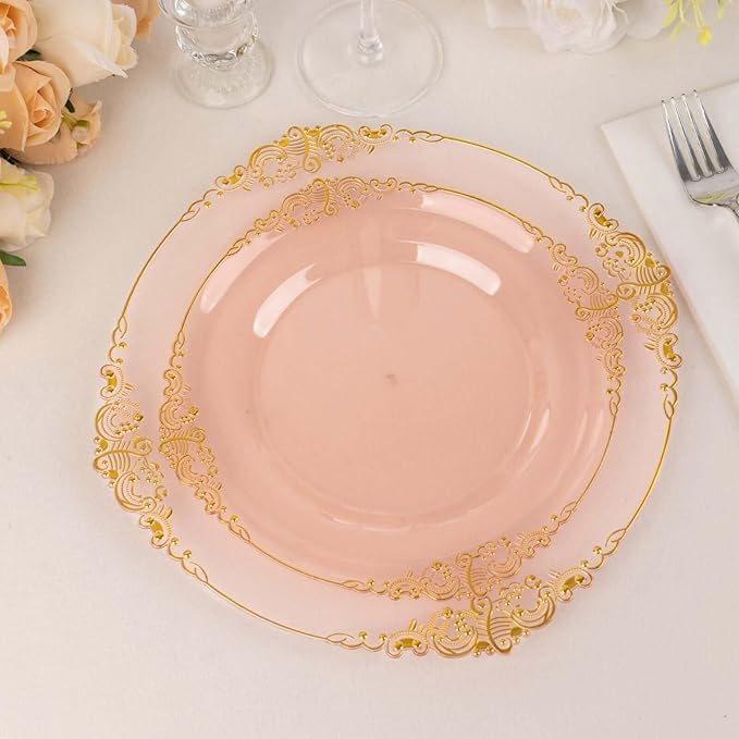 Efavormart 10 Pack | 8" Translucent Blush and Gold Baroque Dessert Plates, Leaf Embossed Metallic Rim Shatterproof Appetizer Plates for Spring Showers