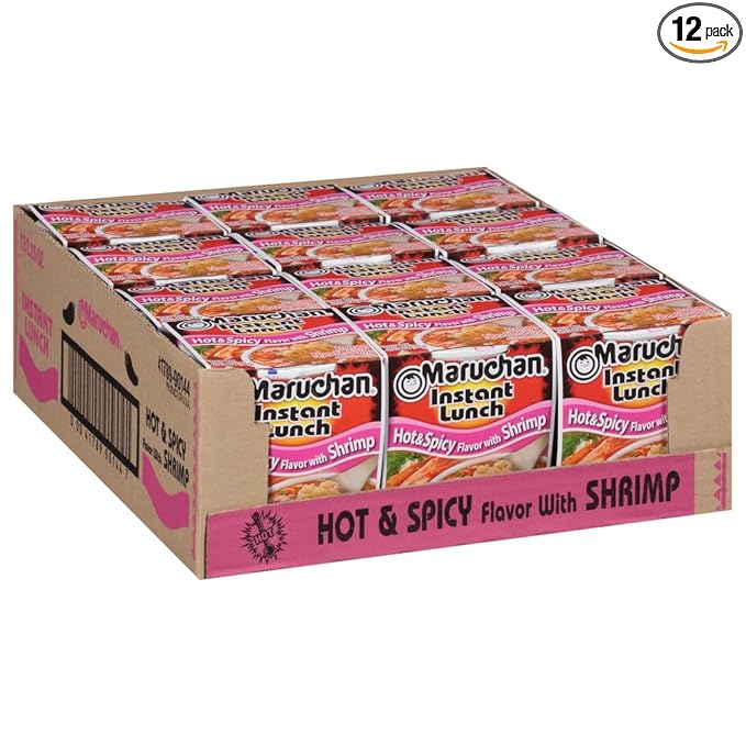Maruchan Instant Lunch Ramen Noodles, Hot & Spicy Shrimp Flavor – Japanese-Style Instant Noodle Soup, Easy Meal Ready in 3 Minutes – 2.25 Oz. (12 Pack)