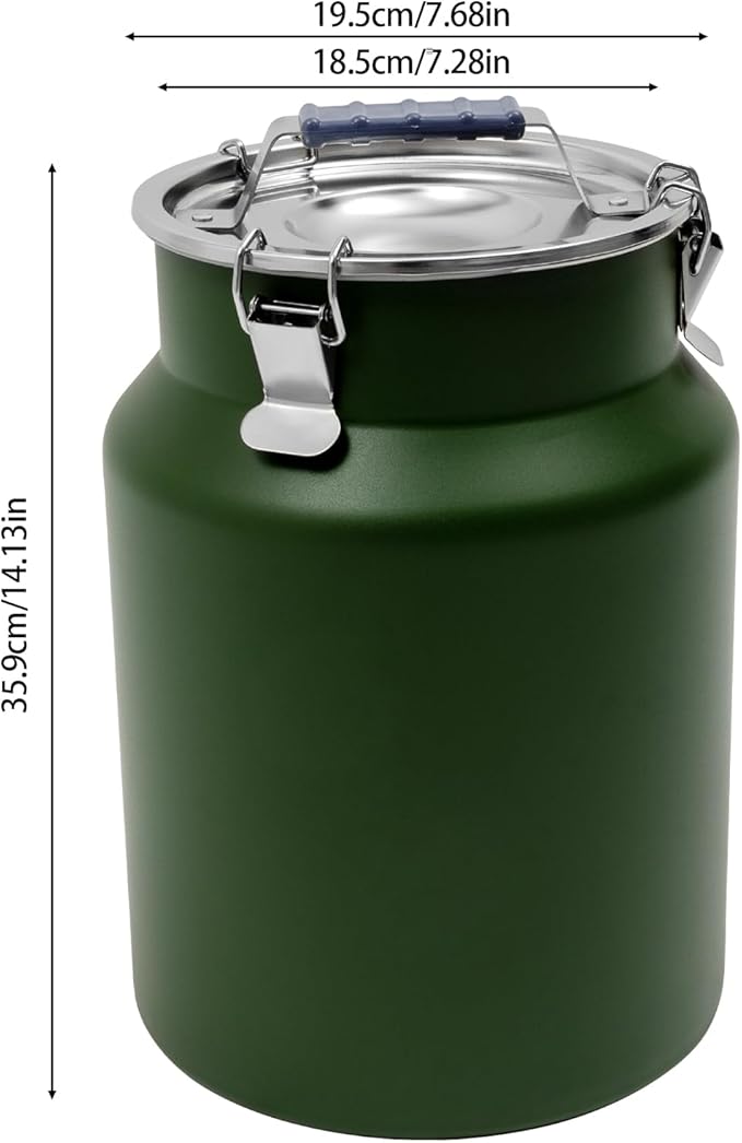 12L/3.17Gal Stainless Steel Airtight Canister Round Green Food Storage Canisters with Airtight Lid&Locking Clamp Rice Cereal Grain Canisters Container Bucket for Rice Milk Jug Coffee Bean Storage