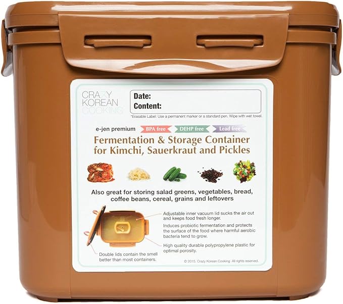 Crazy Korean Cooking Premium Kimchi, Sauerkraut Fermentation and Storage Container with Inner Vacuum Lid, Sandy Brown, 0.9 gallon (3.4 L) (0.9 Gal (3.4L) 1 PACK)