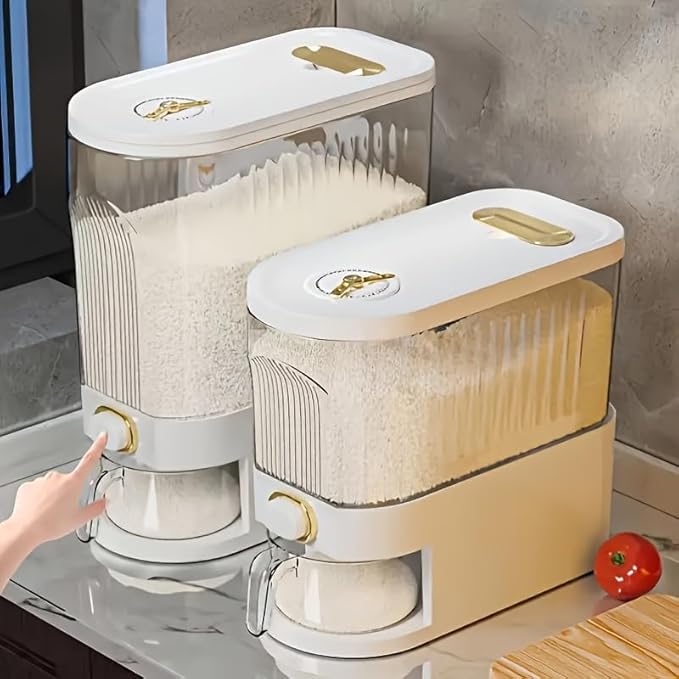 5kg/10kg Rice Dispenser - Large Pantry Storage Container with Measuring Cup & Time Markings | Kitchen Grain Dispenser for Cereal, Pasta, Dry Food | 11.02LB/22.05LB Capacity (22 lbs)