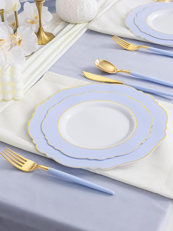 WDF 60pcs Blue Plates Disposable With Gold Rim - Baroque Baby Blue Plastic Party Plates for Wedding/Party/Baby Shower/Spring
