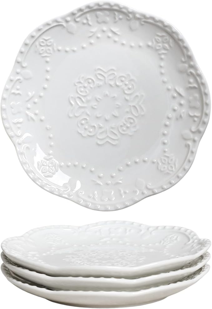 Gaolinci European Palace Series Lace Embossed Ceramic Dinner Plate (Set of 4)