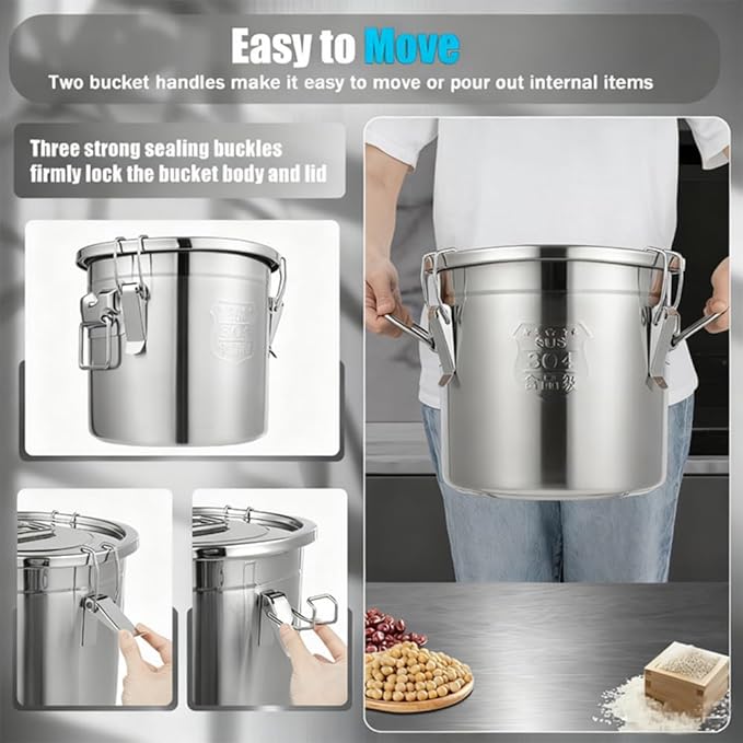 12L/3.2 Gal Stainless Steel Airtight Food Storage Canister, 304 Stainless Steel Storage Bucket with Lid & Handles, Leakproof Rice Grain Container, Sugar, Flour Storage Bin for Kitchen, Restaurant