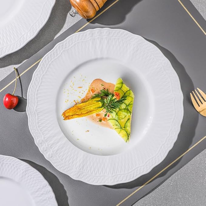 10 Inch Porcelain Dinner Plates Set of 4,Serving Dishes,White,Embossed,Heat Resistant,Scratch Resistant,Highly Glossy Glaze,Dishwasher safe,Microwave safe (Moonshine 10'')