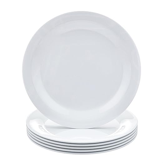 Amazon Basics Melamine Plate, Dishwasher Safe, Food Safe, BPA Free, 10.5 in, White, 6-Piece Set
