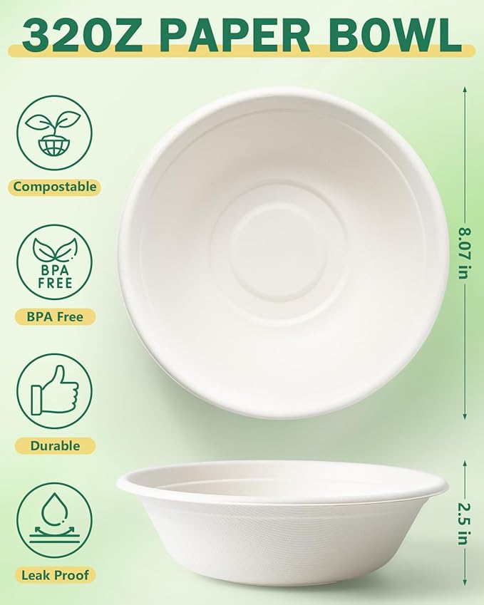 Dynta Paper Bowls 110 Pack 32oz Disposable Bowls, Heavy Duty Compostable Bowls, Eco-Friendly Biodegradable Bowl, Large Paper Bowls Bulk for Hot Soup, Salad, Party (White)