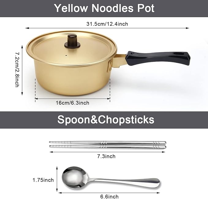Korean Ramen Cooking Pot, AHIER Korean Ramen Noodle Pot With Lid, Spoon and Chopsticks (1pair), Fast Heating for Kitchen Cookware (Single Handle)