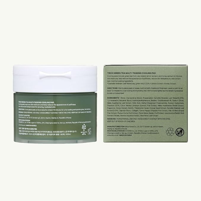 TRICO Green Tea Multi-Tasking Cooling Pad, 3-1 Korean Toner Pads with Depuffing, Cooling & Moisturizing Effects for All Skin Types - Green Tea Water from Jeju Island, Lemon & Honey Extract - 90 Pads