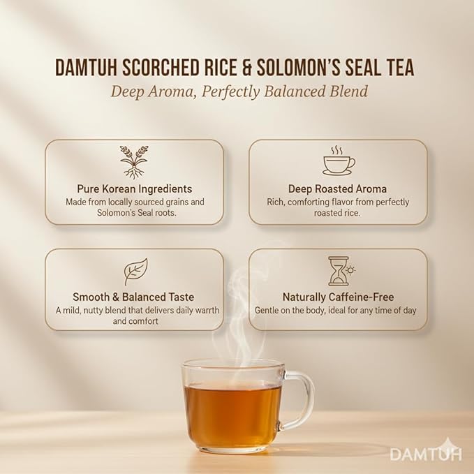 Damtuh Korean Roasted Rice & Solomon’s Seal Tea – Traditional Herbal Tea - Caffeine-Free, Sugar-Free, Non-Caloric, 40 Tea Bags (1.5g each, Pack of 2)