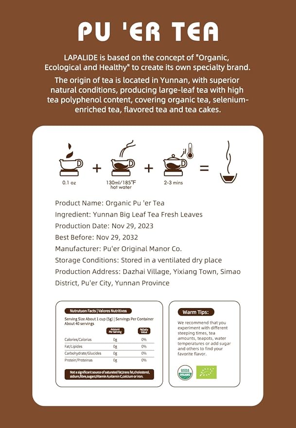 LAPALIDE 7.05 Oz Puerh Tea Loose Leaf, USDA Organic Pu erh Tea, Yunnan Puerh loose leaf Mellow and Rich, Pu'er Ancient Tree tea Leaves Using Dry Storage