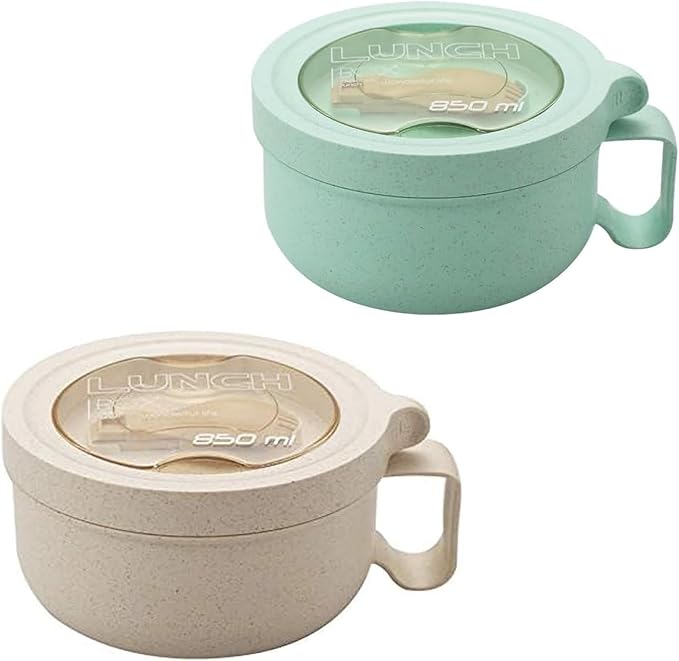 Rarapop 2 Pack Microwave Soup Bowl Containers with Lids, 28.7oz Wheat Straw Ramen Noodles Cup Mug for Instant Noodles,Oatmeal, Gumbo, Salad,Crunch,Cereal & More, Easy-Grip Design(Beige,Green)