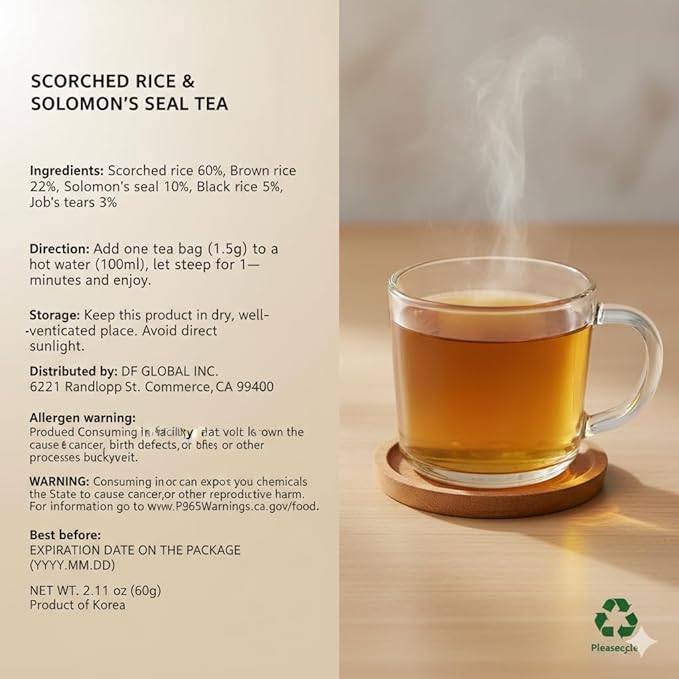 Damtuh Korean Roasted Rice & Solomon’s Seal Tea – Traditional Herbal Tea - Caffeine-Free, Sugar-Free, Non-Caloric, 40 Tea Bags (1.5g each, Pack of 2)