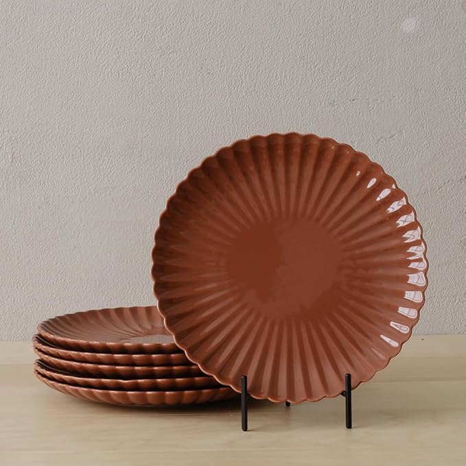 WENSHUO Daisy Plates Set of 6, 9-inch Round, Melted Caramel Color (Appetizer Plate),Modern Ceramic Dinner Plate Set,Microwave/Dishwasher Safe, Scratch Resistant