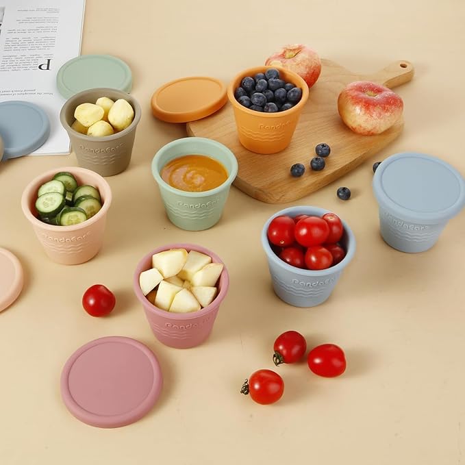 PandaEar 6 Pack Silicone Baby Food Storage Containers (4 oz) -Leakproof & Airtight Reusable Snack Cups with Lids - Freezer, Dishwasher Safe - Versatile Puree Jars for Infants & Toddlers