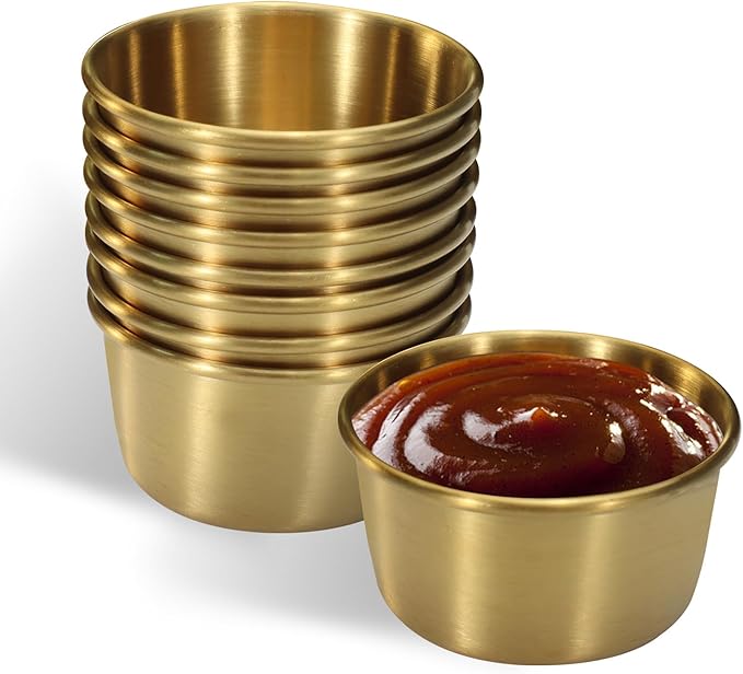 Huakaile 9 Pcs 2 oz Stainless Steel Dipping Sauce Cup, Mini Dip Bowls, Reusable Metal Condiment Cups Ramekins Containers for Ketchup Dressing Home Party Restaurant Kitchen (9PCS Gold)